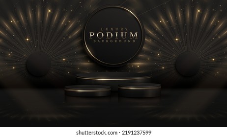 Black luxury background with product display podium and golden circle line elements and light rays decorations and stars effect and fireworks.