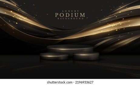 Black luxury background  Product display podium and golden curve line decoration   glitter light effect elements   star 
