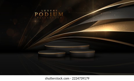 Black luxury background. Product display podium with golden curve line decoration and glitter light effect elements and stars with bokeh.