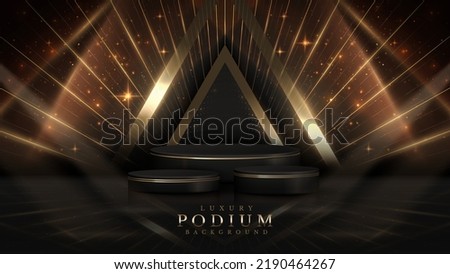 Black luxury background with product display podium and golden line elements and light rays decorations and stars effect.