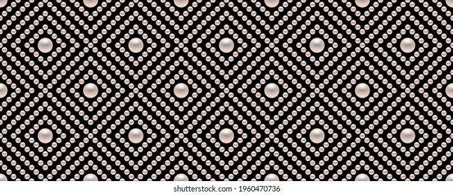 Black luxury background with small pearls and rhombuses. Seamless vector illustration. 