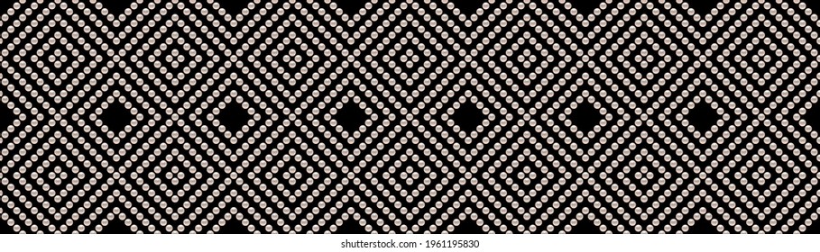 Black luxury background with small pearls and rhombuses. Seamless vector illustration. 