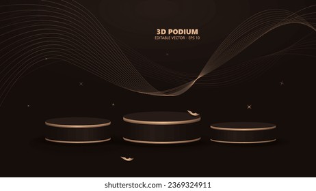 Black luxury background with three product display podium and golden line elements and light effect