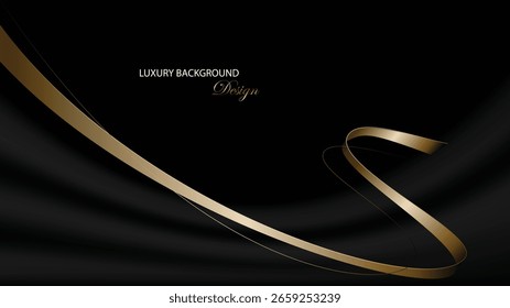 Schwarzer luxuriöser Hintergrund, Vektordesign. Grauer Hintergrund mit gebogenem Goldband. Moderner schwarzer Hintergrund. Geeignet für Banner, Kulisse, Webdesign, Präsentation, Visitenkarte, Einladung, Zertifikat usw.