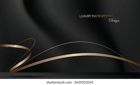 Diseño de Vector de fondo de lujo negro. Fondo gris con cinta de oro curvada. Fondo negro moderno. Traje para el Anuncio, telón de fondo, Diseño web, presentación, tarjeta de visita, invitación, certificado, etc
