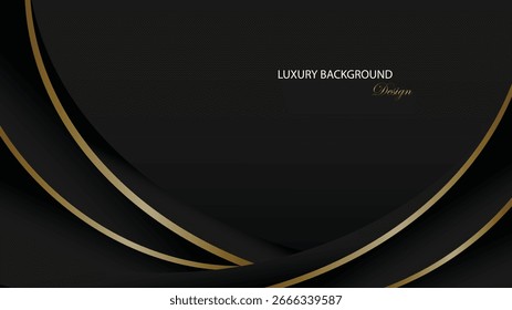 Schwarzer luxuriöser Hintergrund, Vektordesign. Schwarzer Hintergrund mit gekrümmter goldener Linie. Anzug für Hintergrund, Banner, Präsentation, Visitenkarte, Zertifikat, Auszeichnung, Broschüre, Webdesign, Einladungskarte, etc.