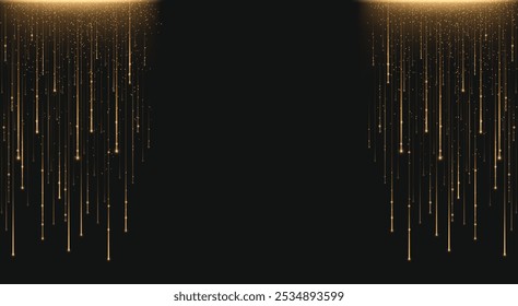 Fondo de lujo negro con líneas de luz de destello de oro Vertical con destellos, partículas y efecto de brillo. Realista 3d Vector oscuro bg con borde brillante de rayos brillantes de neón dorado. Cuerdas mágicas.