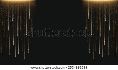 Black luxury background with vertical gold flare light lines with sparkles, particle and glow effect. Realistic 3d vector dark bg with bright golden neon glowing beams border. Magic burst strings.