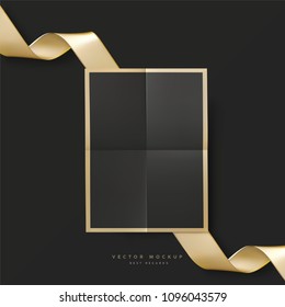 Black luxury Banner and yellow glossy ribbons. Black A4 sheet of paper for poster design.