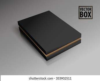 Black Luxury Box. Packaging. 3D Illustration. Gold Cardboard.