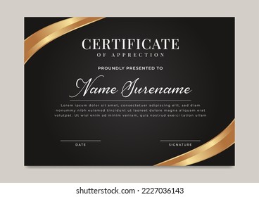 Black luxury certificate of achievement with gold badge template