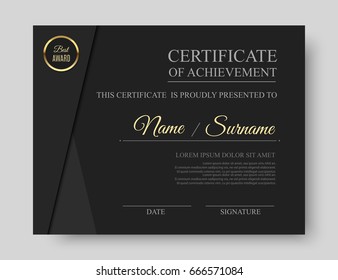 Black Luxury Certificate Of Achievement Template With Golden Award Badge, Elegant Diploma Blank