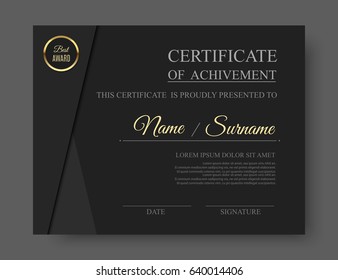 Black Luxury Certificate Of Achivement Template With Golden Award Badge, Diploma Blank. Vector Illustration, Eps10