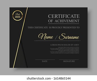 Black Luxury Certificate Template With Golden Award Badge And Dop Pattern. Vector, Eps10