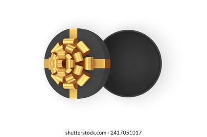 Círculo de lujo negro caja de regalo abierta con cinta de arco dorado vista superior icono 3d vector realista