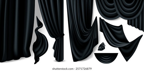 Black luxury curtain set with elegant draped silk fabrics, folded textile pieces, hanging decorative shape. Realistic flowing velvet drapery element for theatrical stage design or interior decoration.