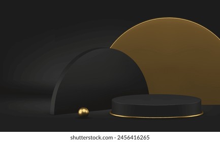 Black luxury cylinder 3d podium pedestal with semi circle geometric wall background realistic vector illustration. Premium golden showroom product advertising display commercial showcase with sphere