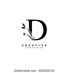 black luxury D logo design with beautiful floral and leaf ornament decoration. initial D letter logo. monogram D typography. feather logo