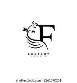 Black luxury F letter logo with beautiful floral and feather ornament. feather logo. F typography, F monogram. Suitable for business logos, brands, companies, boutiques, beauty logos, etc