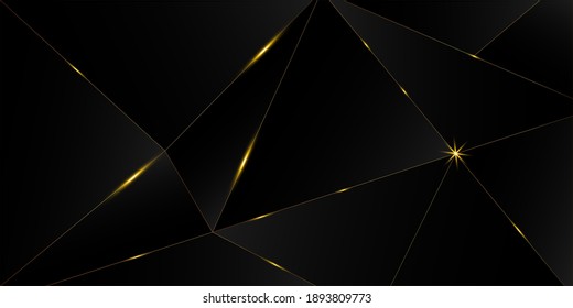 Black Luxury Gold Background. Christmas New Year Celebration Design. Royal Silver Business Poster 3D Abstract Polygonal Sparkling Cover. Golden Premium Low Poly Border Luxury Gold Crystal Card