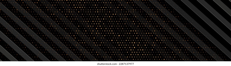 Black and luxury golden abstract background with shiny dots. Vector banner design