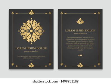 Black luxury invitation card design with gold vintage ornament template. Can be used for background and wallpaper. Elegant and classic vector elements great for decoration.