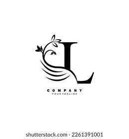 Black luxury L letter logo with beautiful floral and feather ornament. feather logo. L typography, L monogram. Suitable for business logos, brands, companies, boutiques, beauty logos, etc