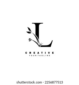 black luxury L logo design with beautiful floral and leaf ornament decoration. initial L letter logo. monogram L typography. feather logo