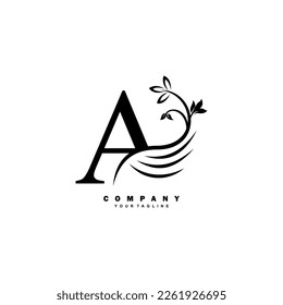 black luxury A letter logo with beautiful floral and feather ornament. feather logo. A typography, A monogram. Suitable for business logos, brands, companies, boutiques, beauty logos, etc