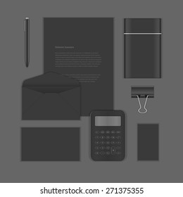 Black Luxury Logotype presentation corporate identity template Mock up design elements. Vector Business stationery objects, document, business card, envelope, notepad, badge and other.