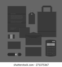 Modelo de identidad corporativa de la presentación del logotipo de lujo negro Elementos de diseño de maqueta. Objetos de papelería, documentos, tarjetas de visita, sobre, bloc de notas, insignia y otros.