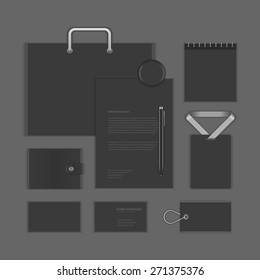 Black Luxury Logotype presentation corporate identity template Mock up design elements. Vector Business stationery objects, document, business card, envelope, notepad, badge and other.