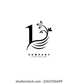 Black luxury number 1 logo with beautiful floral and feather ornament. feather logo. Typography 1, monogram 1. Suitable for logos of business, company, annual anniversary, birthday, celebration