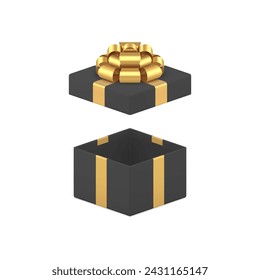 Black luxury open gift box with golden bow ribbon festive present 3d icon realistic vector