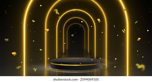 Black luxury podium with golden rim surrounded by glowing neon arches and floating confetti pieces on dark background. Elegant circular display platform for award ceremonies or product presentations.