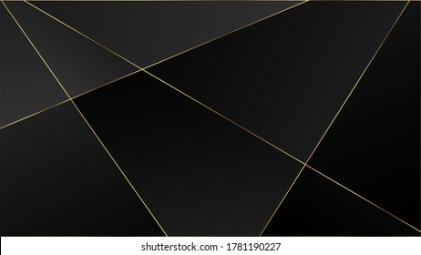 Patrón de polígono de lujo negro. Borde Triangular Premium de Líneas de Oro. Elegante Forma Platinum Oscura Chic Banner Triángulo de Cristal Negro Premium Papel de escritorio. Fondo de celebración geométrica VIP rica en plata.