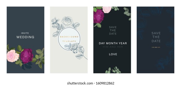 Black Luxury Social Wedding Invitation, floral invite thank you, rsvp modern card Design in summer pink leaf and greenery branches decorative Vector elegant rustic template