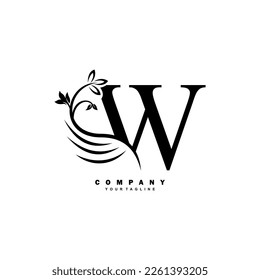 Black luxury W letter logo with beautiful floral and feather ornament. feather logo. W typography, W monogram. Suitable for business logos, brands, companies, boutiques, beauty logos, etc