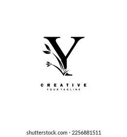 black luxury Y logo design with beautiful floral and leaf ornament decoration. initial Y letter logo. monogram Y typography. feather logo