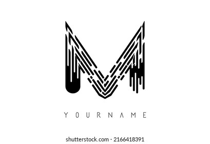 El concepto del logo de la letra M negra. Plantilla de diseño de emblema monocromo monocromático creativo con líneas y patrón de impresión de dedos. 