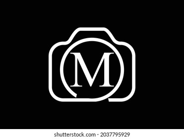 Black M monogram letter luxury alphabet with a camera icon. Photography logo vector illustration. Modern logo design for photography business, and company identity.