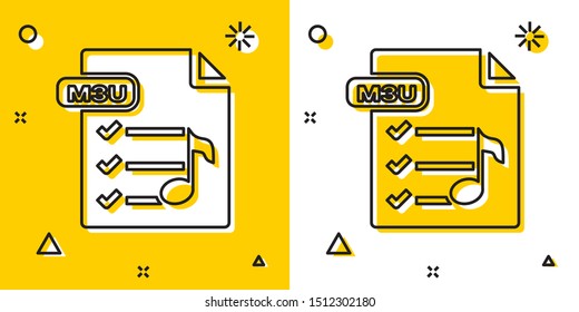 Black M3U file document. Download m3u button icon isolated on yellow and white background. M3U file symbol. Random dynamic shapes. Vector Illustration