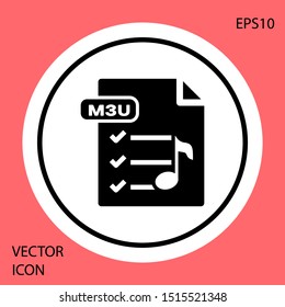 Black M3U file document. Download m3u button icon isolated on red background. M3U file symbol. White circle button. Vector Illustration