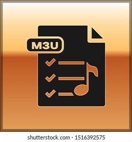 Black M3U file document. Download m3u button icon isolated on gold background. M3U file symbol.  Vector Illustration