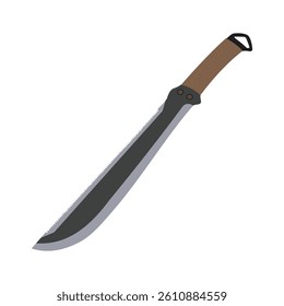 Black machete with brown handle and sawback edge isolated on white background

