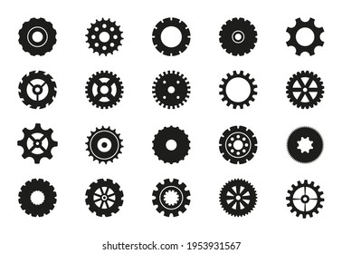 Black machine gears set. Transmission cog wheels and gear icons isolated on white background. Cogwheels and cogs collection. Various design elements of gears. Vector illustration.