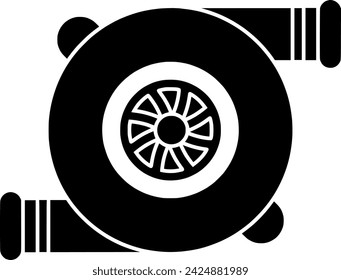 black Machine silhouette or flat turbo illustration of technology logo diesel for cylinder with mechanical icon and power shape metal as steel to engine transportation