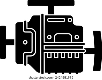 black Machine silhouette or flat turbo illustration of technology logo diesel for cylinder with mechanical icon and power shape metal as steel to engine transportation