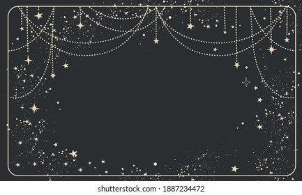 Black magic background with stars and space decor with copy space. Mock-up for astrology, banner for the witch. Divine boho design, hand drawn vector illustration, vintage style