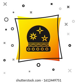 Black Magic ball icon isolated on white background. Crystal ball. Yellow square button. Vector Illustration